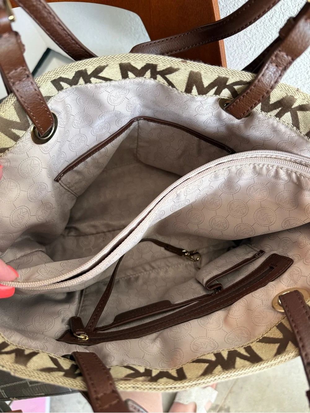 Michael Kors Brown MK Logo Tote with Dark Brown Leather Straps